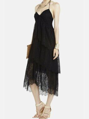 BCBGMAXAZRIA - Black Lace Tiered Halter Dress - XXS